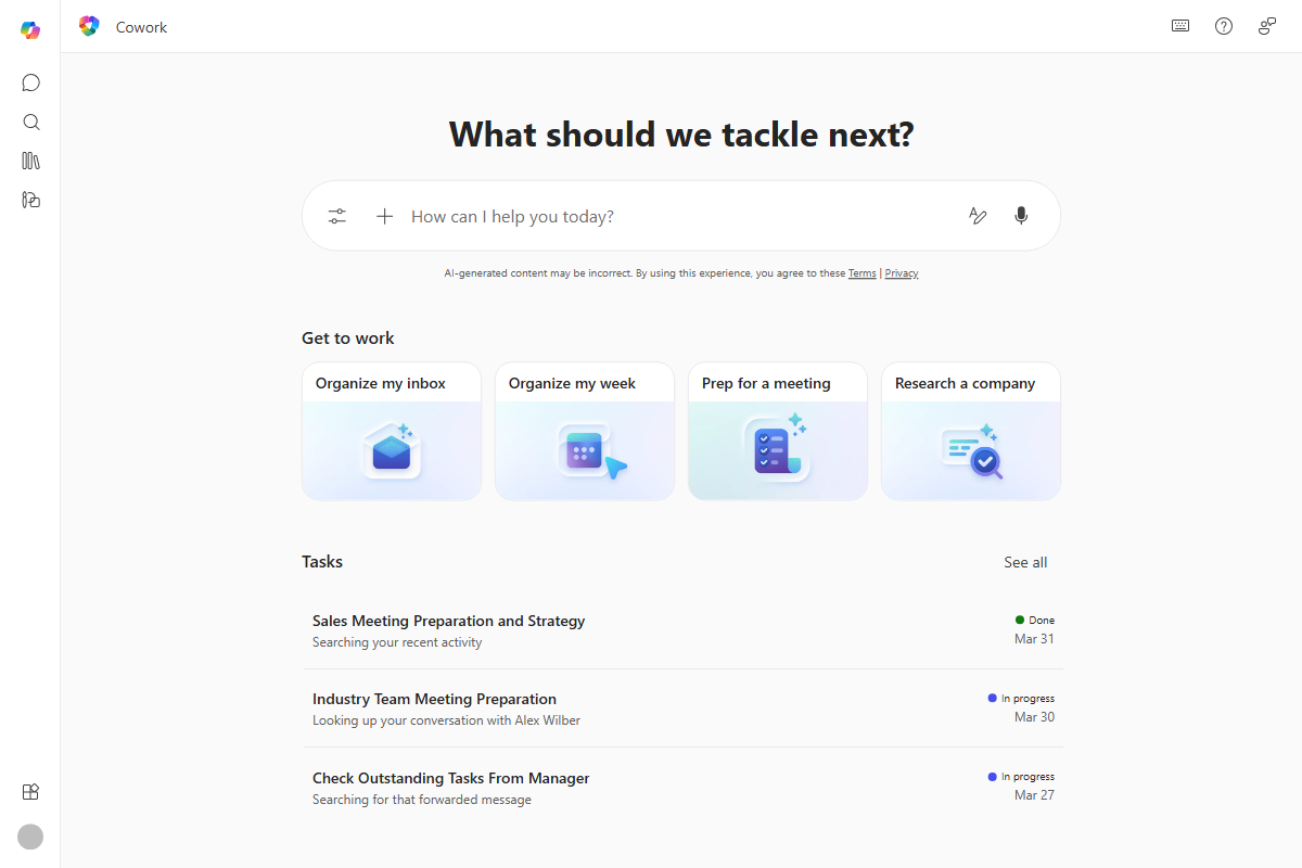 Microsoft’s official Cowork home interface.