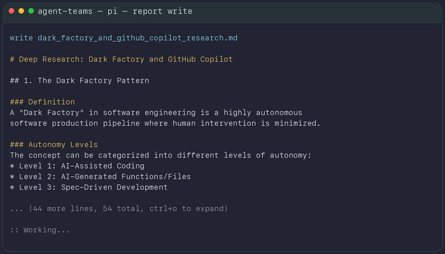 pi writing the research markdown artifact