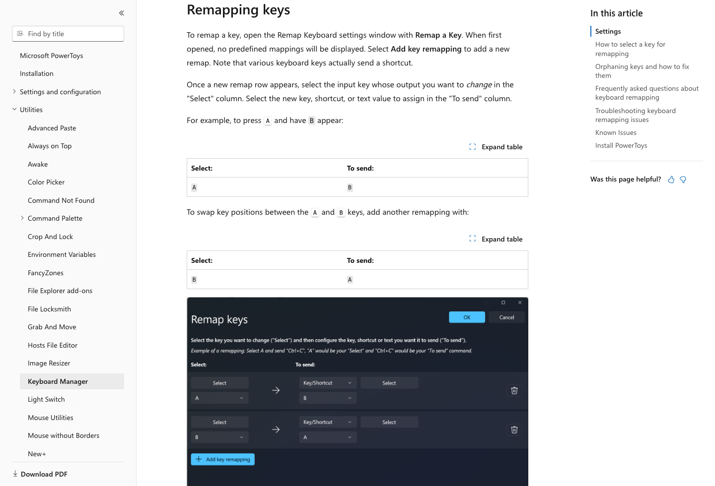 Microsoft Learn documentation showing the PowerToys Keyboard Manager remap keys screen