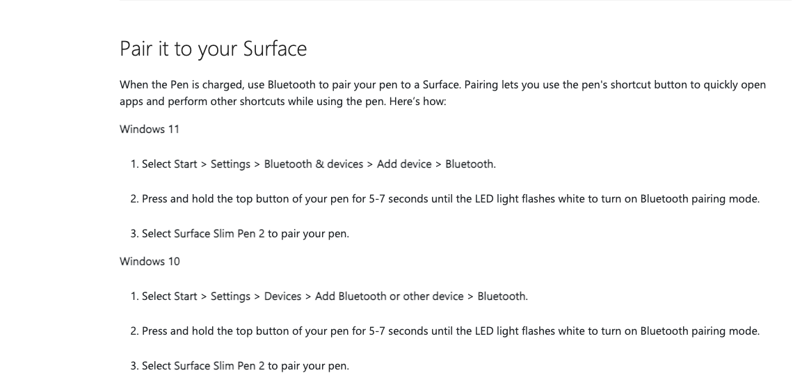 Microsoft support documentation showing Surface Slim Pen Bluetooth pairing steps for Windows 11 and Windows 10