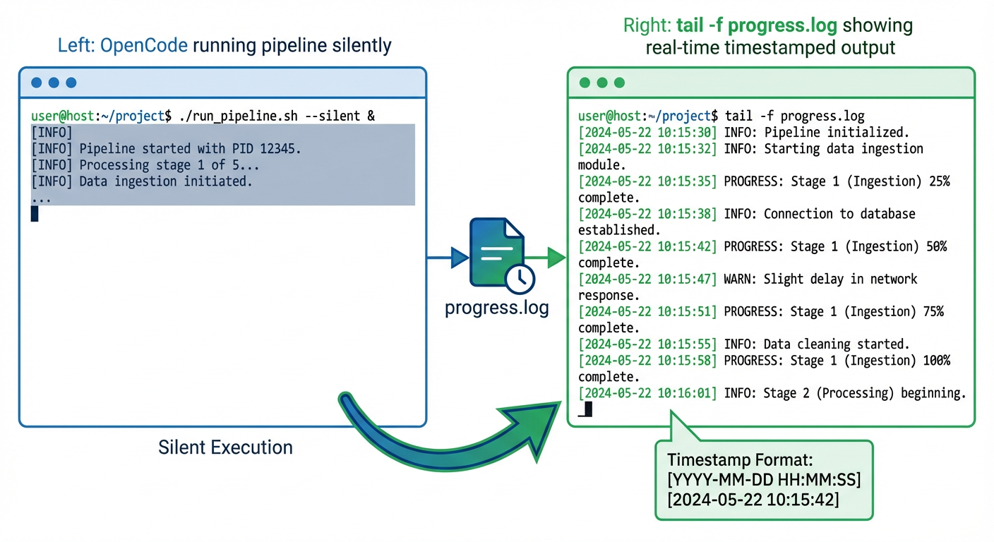 Two terminals: silent OpenCode on left, real-time tail -f progress.log on right